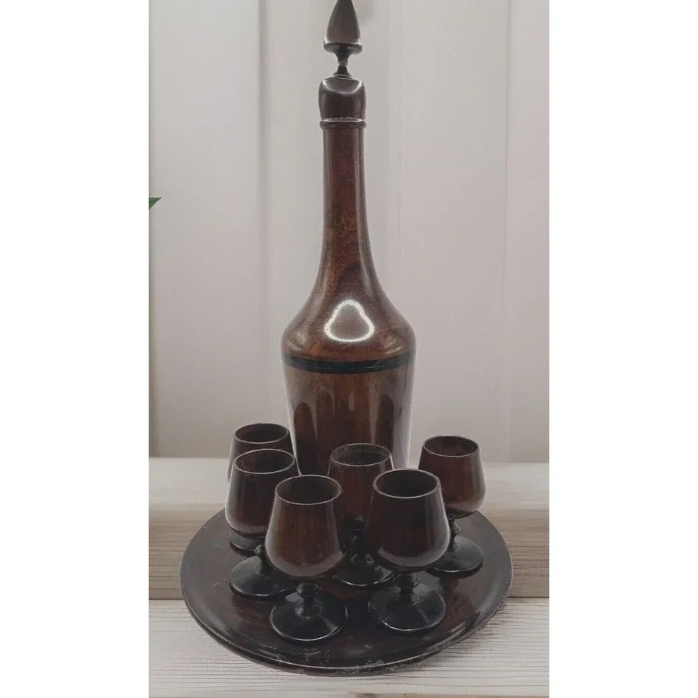 Vtg Wood Turned Saki Decanter‎ Set With 6 Goblet Shot Cups Tray Home Decor MCM